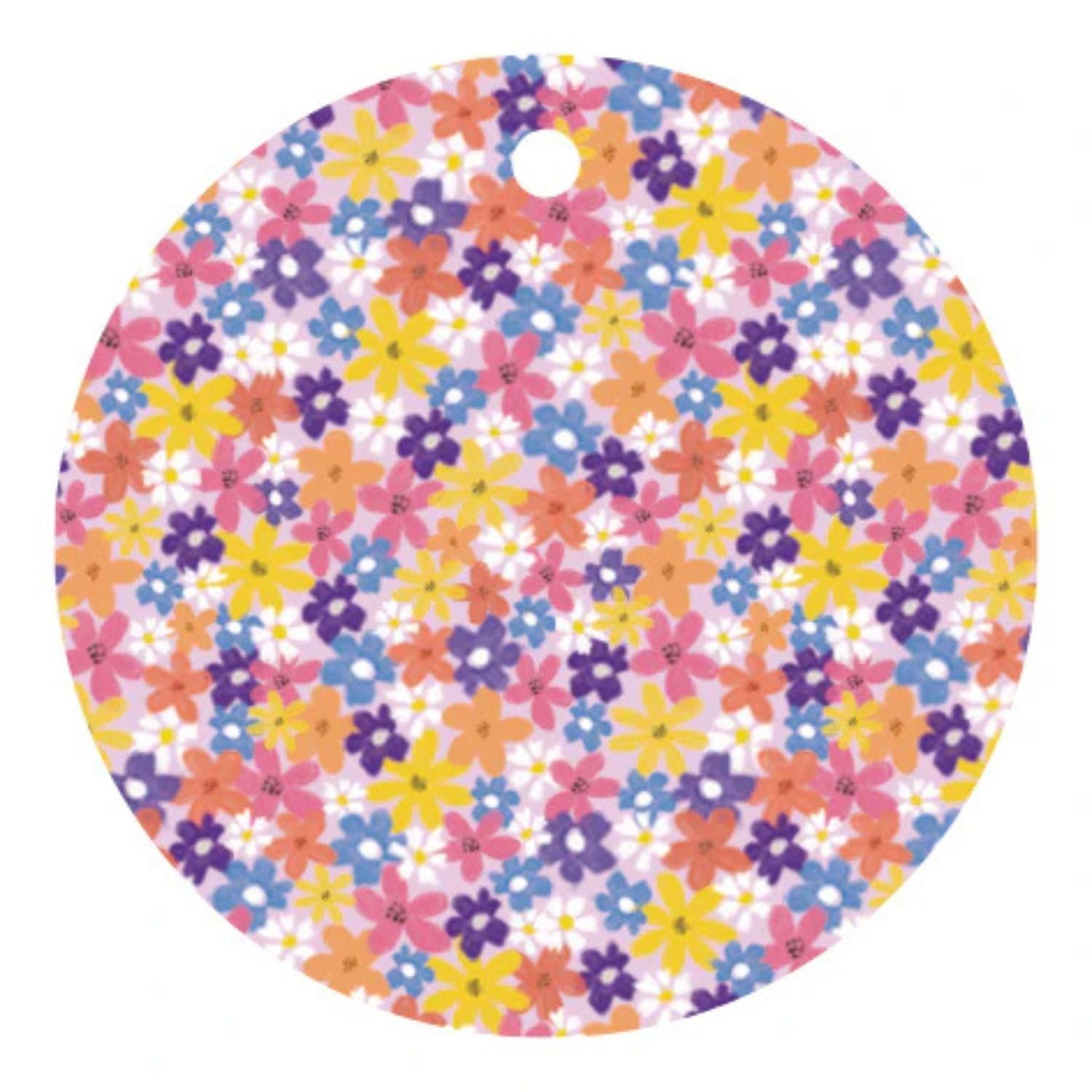 close up of the round gift label featuring pink, purple, blue, yello and orange flowers
