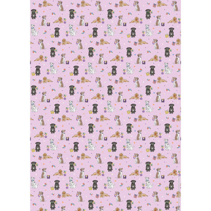 a sheet of cute greeting paper featuring dogs with flowers and presents on a soft pink background