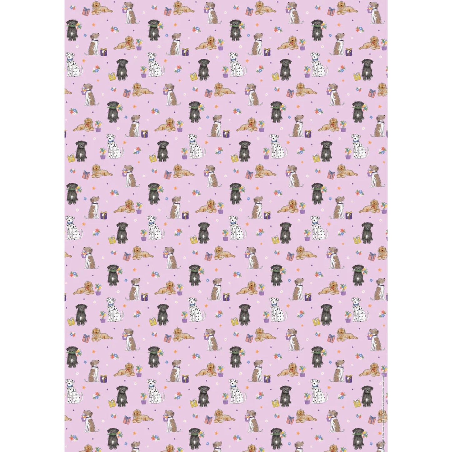 a sheet of cute greeting paper featuring dogs with flowers and presents on a soft pink background