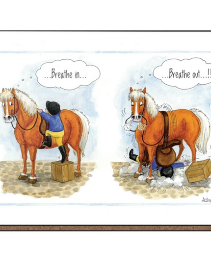 The Funny Horse Coaster by Alisons Animals features a comic where a person mounts a horse—first the horse thinks Breathe in..., then exhales and the rider slips. A hilarious gift for horse lovers!.