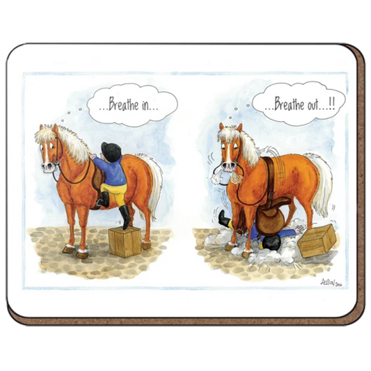 The Funny Horse Coaster by Alisons Animals features a comic where a person mounts a horse—first the horse thinks Breathe in..., then exhales and the rider slips. A hilarious gift for horse lovers!.