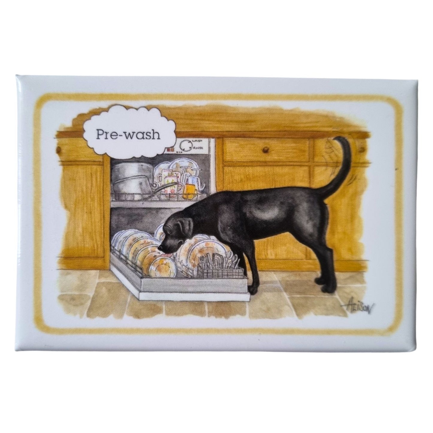 a fridge magnet with a white background showing a cartoon of a black labrador dog licking the plates in the dishwasher with the caption Prewash.