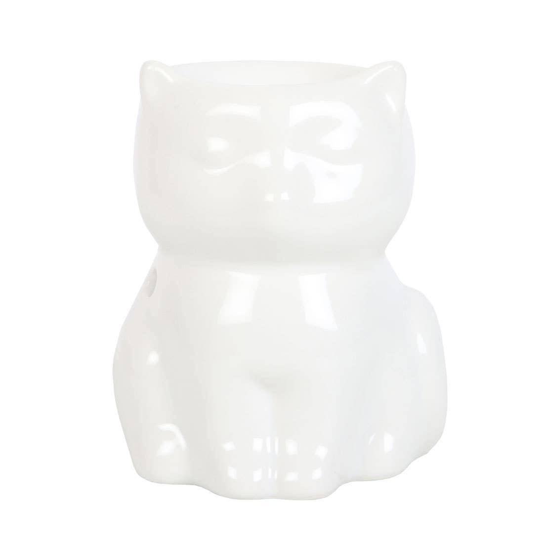 the front view of a shiny ceramic white cat oil burner