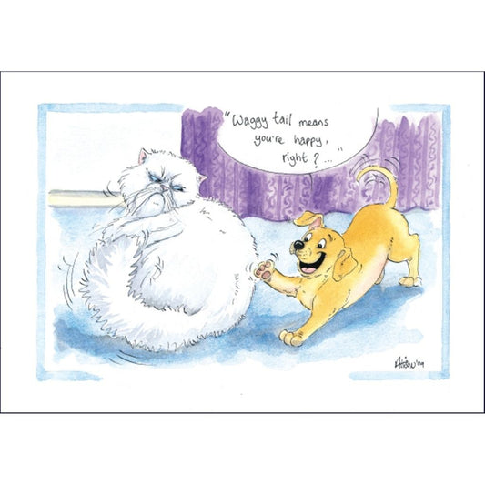 a cartoon showng a grumpy white cat with a playful dog trying to play with the cats tail. 