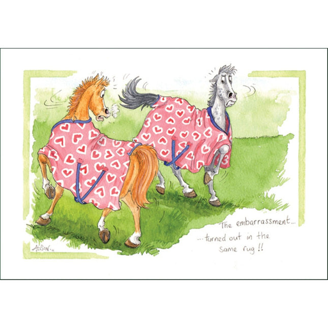 a greeting card showing the reactions of two horses in a field both turned out in the same pink rug with love hearts with the caption the embarrassment turned out in the same rug