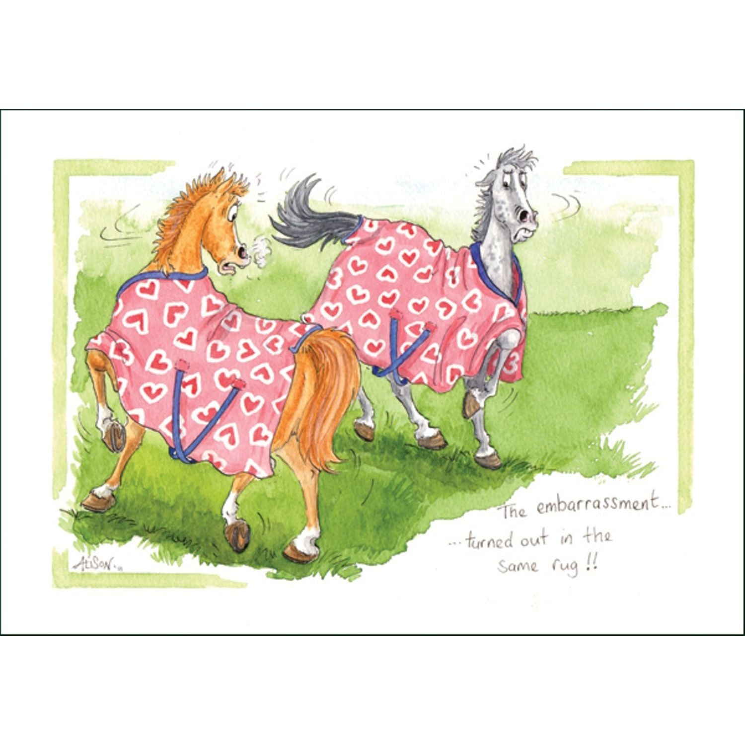 a greeting card showing the reactions of two horses in a field both turned out in the same pink rug with love hearts with the caption the embarrassment turned out in the same rug