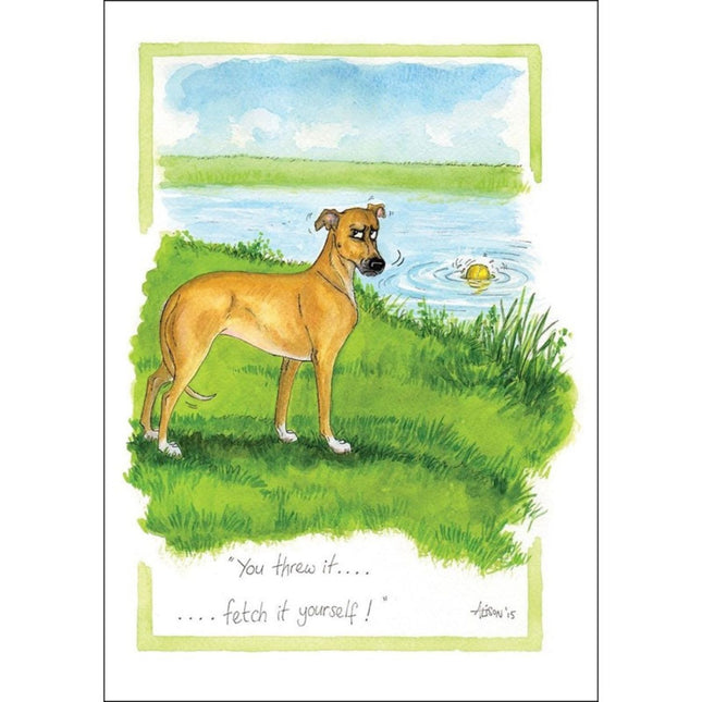 The Funny Dog Greeting Card Alisons Animals You Threw It by Alisons Animals features a brown dog unimpressed by a tennis ball in a lake. The caption: You threw it... fetch it yourself!â€”a perfect card to make any dog lover smile.