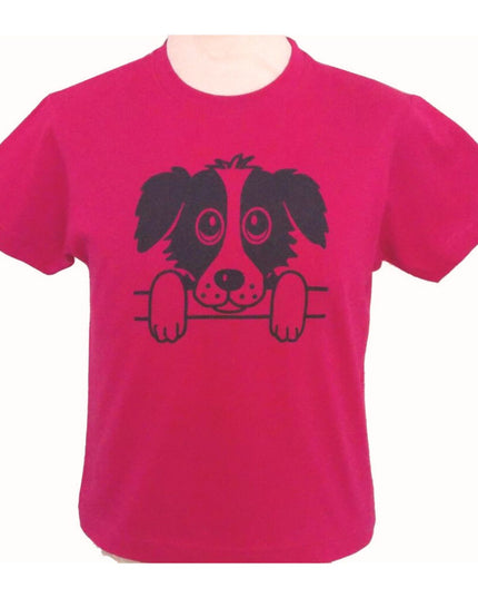 The British Country Collection Printed Dog T Shirt Rex Design is a red 100% cotton childrens tee featuring a cute, floppy-eared pup with big eyes peeking over a black line.