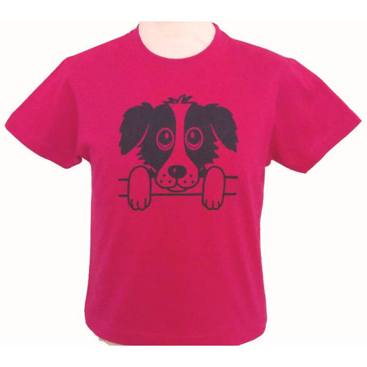 Short sleeve, round necked fuschia pink T-shirt with a large cute printed black dog face looking towards you