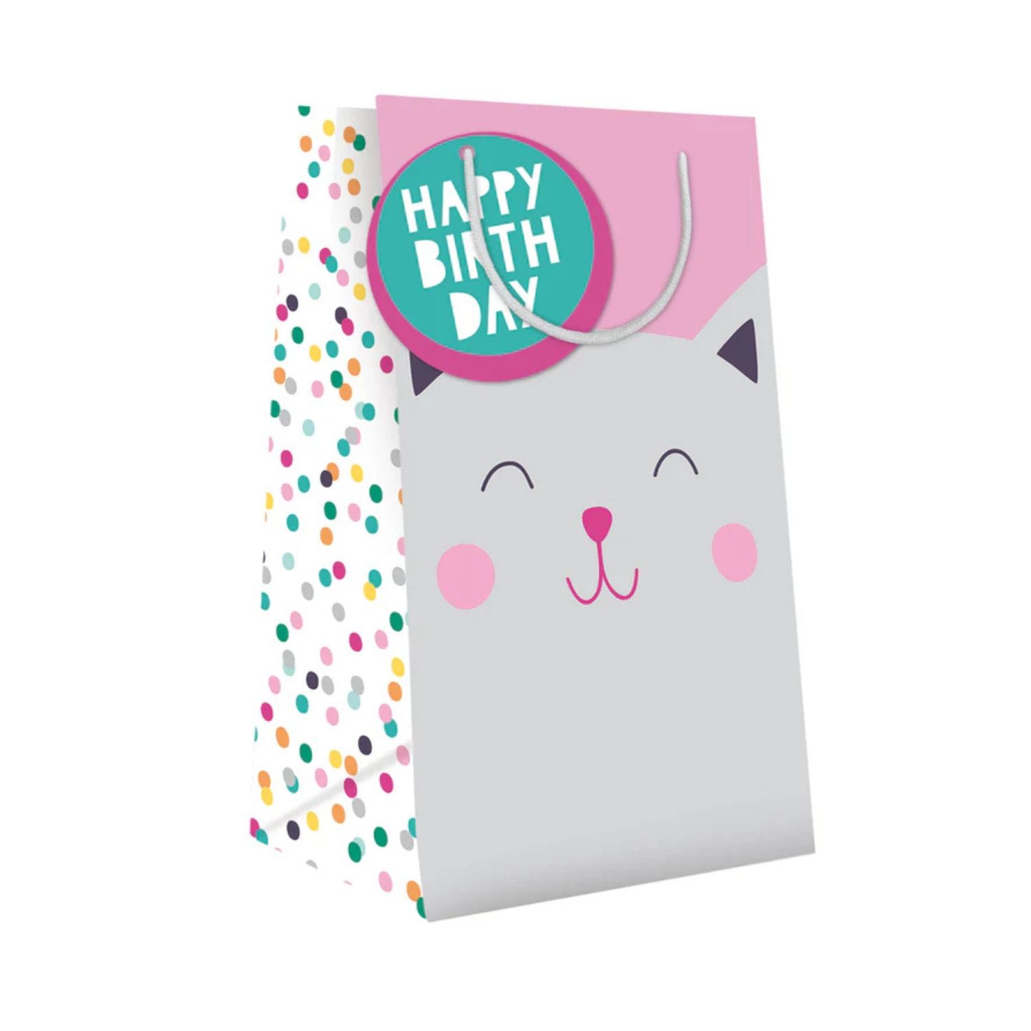 a gift bag with a cute cat face in grey and pink with coordinating rope handles and happy birthday gift label.