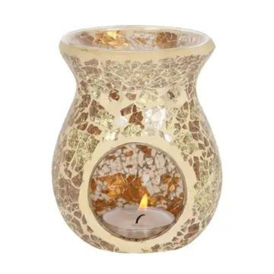 a large gold crackle design oil burner wax melt warmer with lit tealight