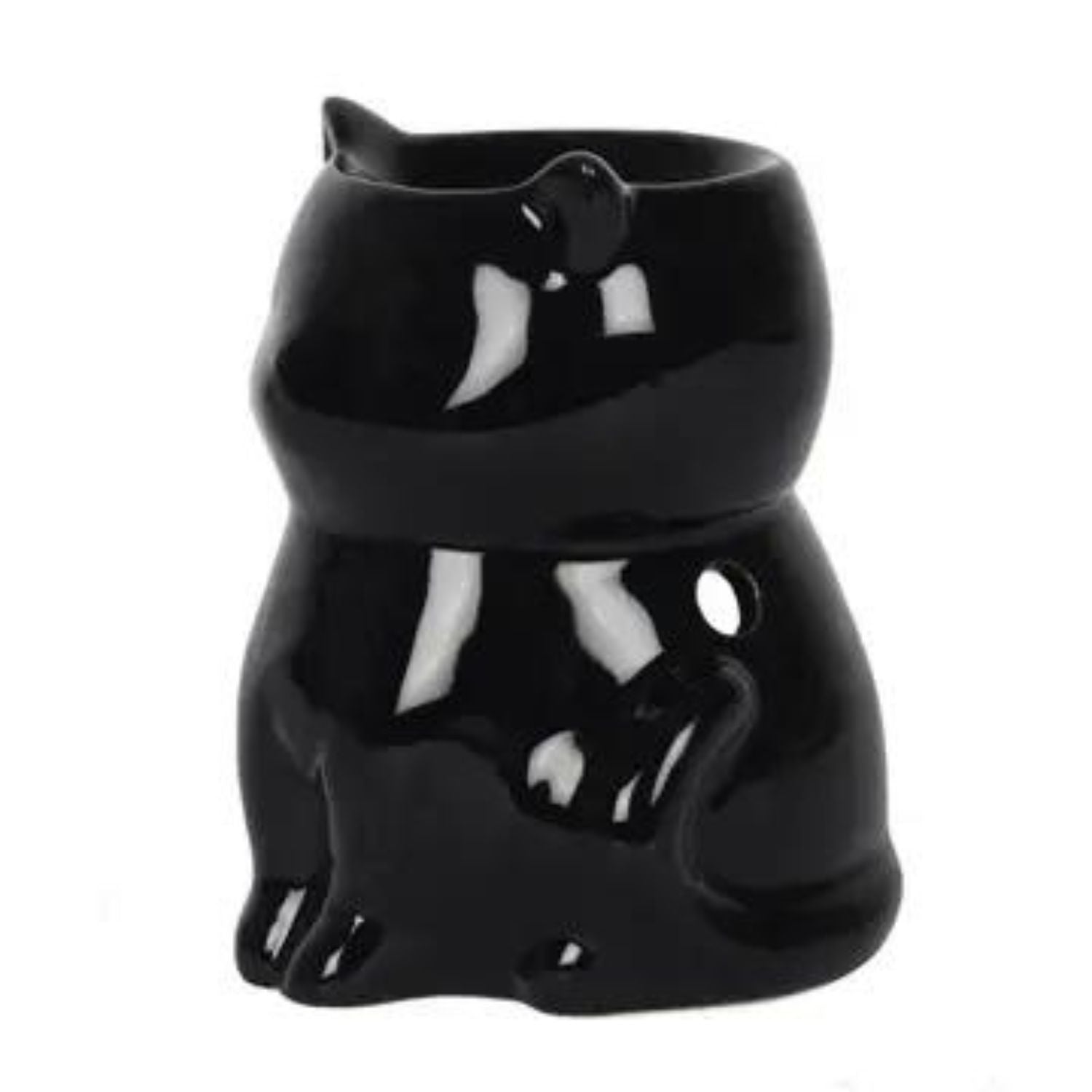 the side view of a shiny black cat wax melt warmer