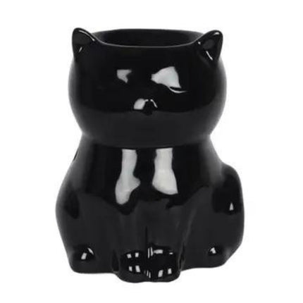 the front view of a shiny black cat wax melt burner