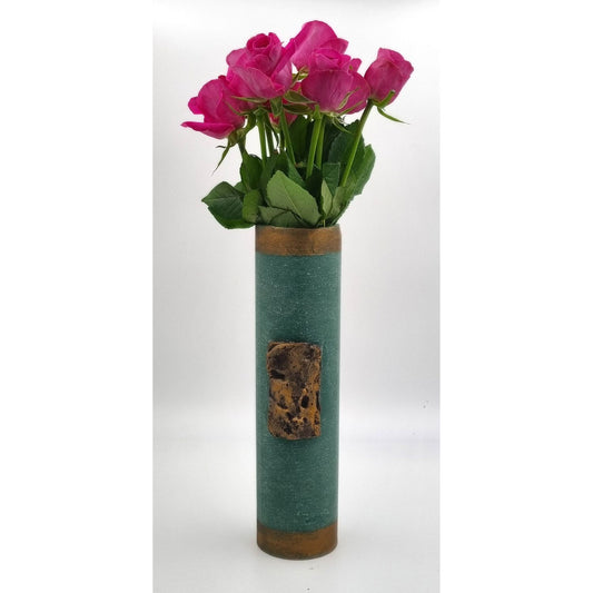 Wax Vase Tall Cylinder Green With Aged Bronze Effect Decoration