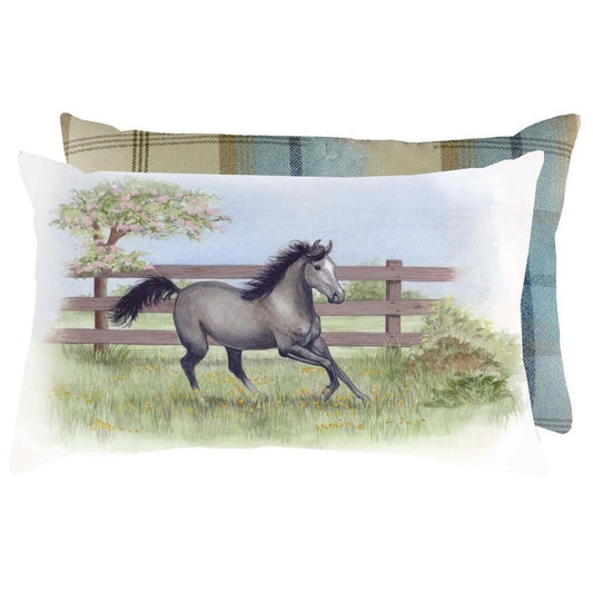 The Grey Pony Equestrian Cushion from Grays 1922 features the charming Spring Is Here design—ideal for equestrian lovers or as stylish horse-themed décor. Comes with a plaid-patterned pillow for added flair.