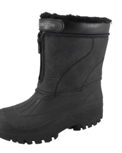 The other side view of a mid calf length groundwork yard, equestrian, dog walking boot with waterproof synthetic lower and water resistant synthetic suede upper