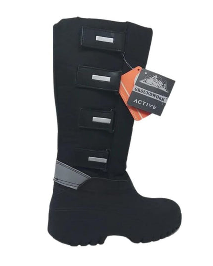 side view of groundwork equestrian dog walking muck boot showing hook and loop fastening and reflective detail