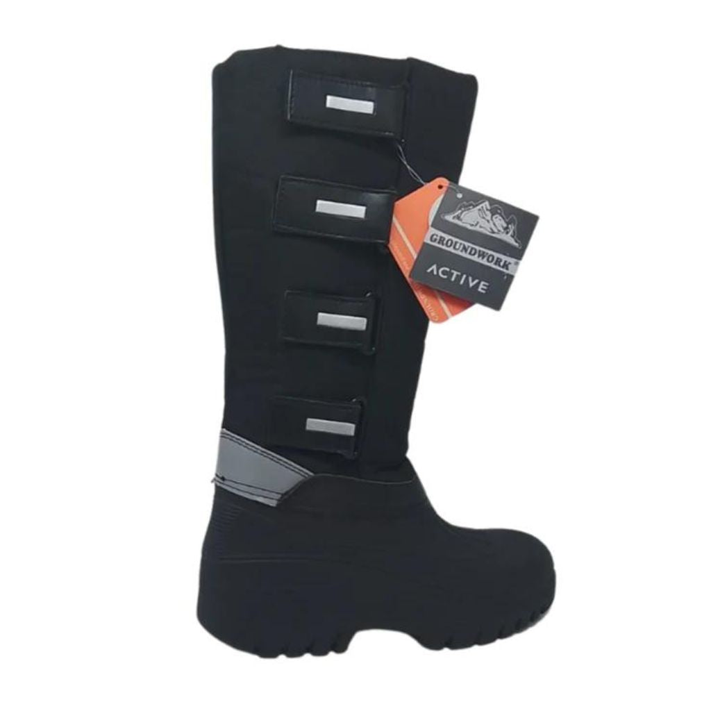 side view of groundwork equestrian dog walking muck boot showing hook and loop fastening and reflective detail