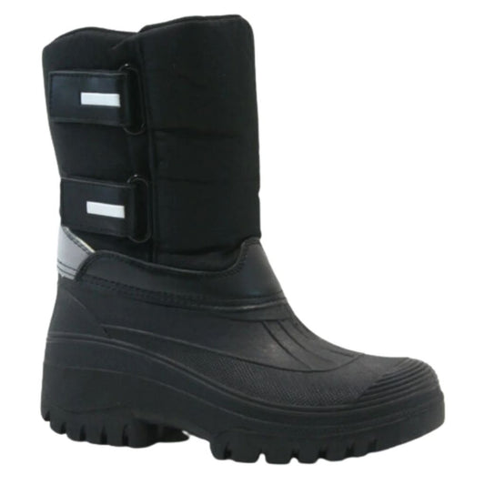 The side view of a groundworks muck boot  mid calf height with waterproof rubber lower and  black synthetic materialupper with reflective strips on the back and side.