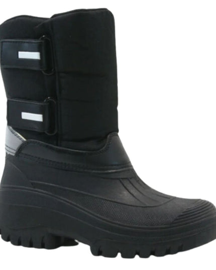 The side view of a groundworks ladies thermal yard boots mid calf height with waterproof rubber lower and black synthetic materialupper with reflective strips on the back and side.