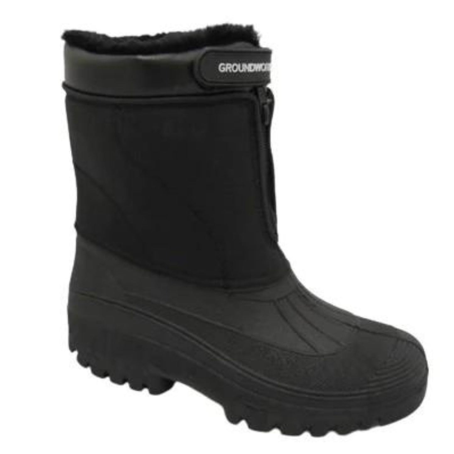 A black boot with deep tread rubber lowers and synthetic black uppers with faux fur lining and zip and velcro closure on the front