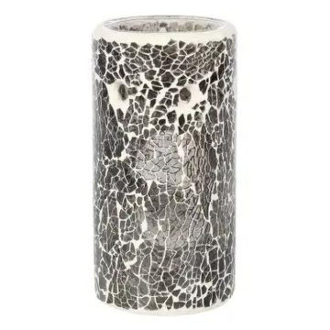 The Scented Wax Melter Oil Burner Pillar by Something Different Wholesale features a grey crackle design with a mosaic black and white pattern, offering a textured, artistic look and comes with a free melt bar.