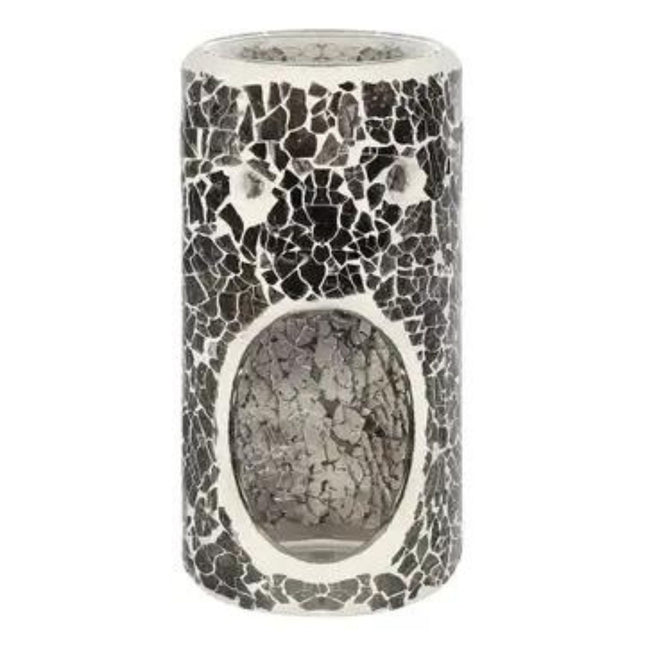 The Scented Wax Melter Oil Burner Pillar by Something Different Wholesale features a grey crackle design, large oval opening, and circular cutouts—ideal for modern spaces. Includes a free melt bar.
