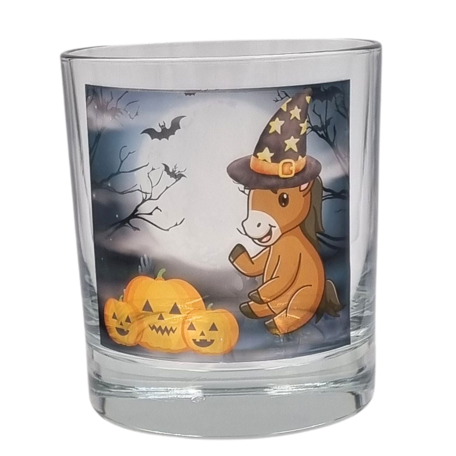 an empty halloween tealight holder with a cute cartoon pony and pumpkin design