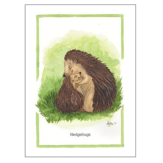 a greeting card showing a large hedghog cuddling a smaller one