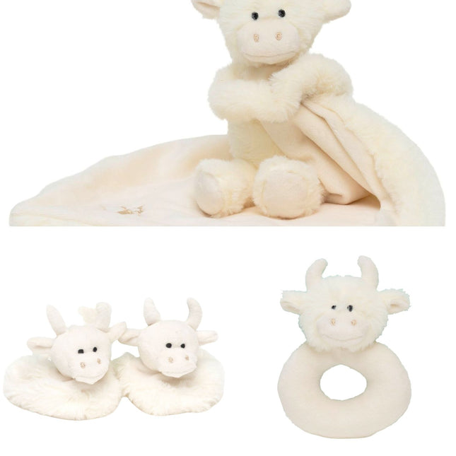 The Jomanda Soft Toys & Accessories Highland Cow Toy Gift Set in cream includes a newborn baby soother, toy rattle, and bootsâ€”all arranged on a white background.