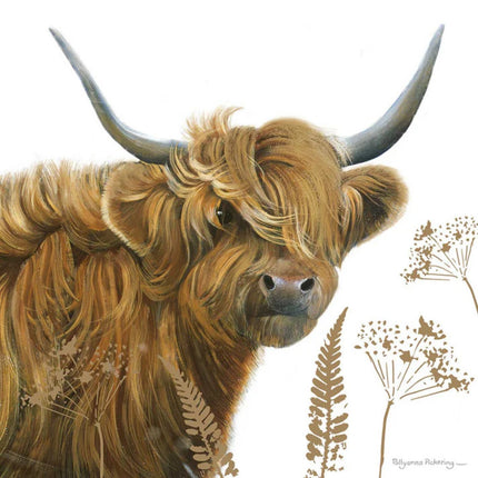 greeting card featuring a stunning highland cow drawing by artist Pollyanna Pickering on textured board and finished with gold foil floral decoration