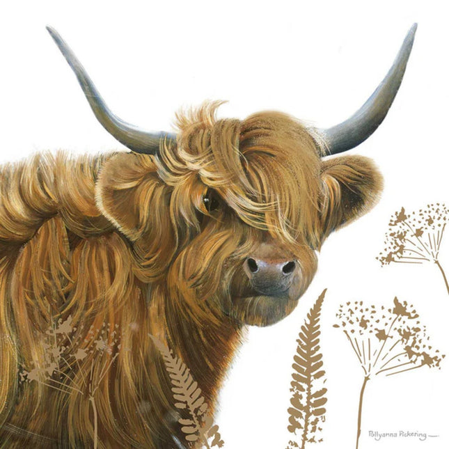 greeting card featuring a stunning highland cow drawing by artist Pollyanna Pickering on textured board and finished with gold foil floral decoration