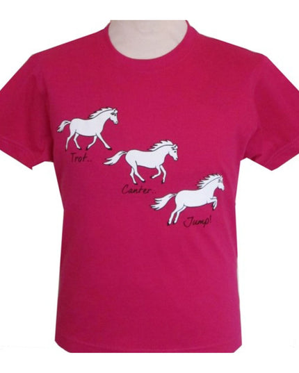 The British Country Collections Childrens Printed Horse T Shirt features a bright pink design with three white horses and the words Trot, Canter, Jump! under each horse to illustrate different movements.