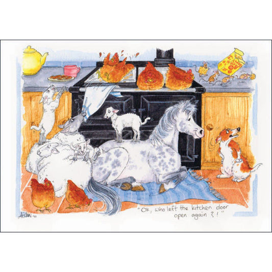 A greeting card showing a horse lying in front of the kitchen cooking range with a dog, sheep hens and mice with the caption Oh who left the kitchen door open again?!