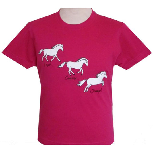 Short sleeve, round necked fuschia pink coloured T-shirt featuring a white and black printed horse design with three horses, the first is trotting, the second is cantering and the third is jumping. Trot, canter and jump! is written under the respective horse 