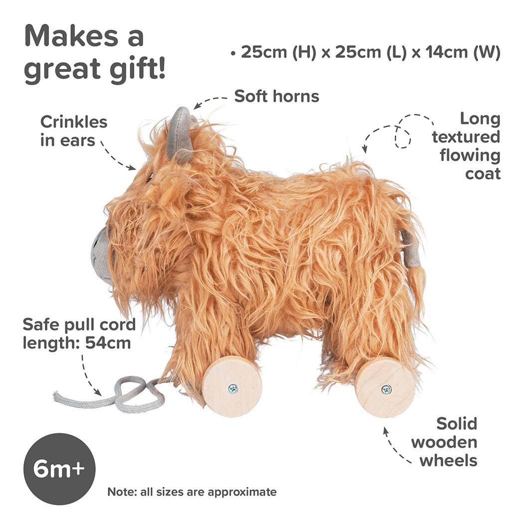 an image highlighting the features and sizes of hubert  highland cow stuffed toy with golden fur