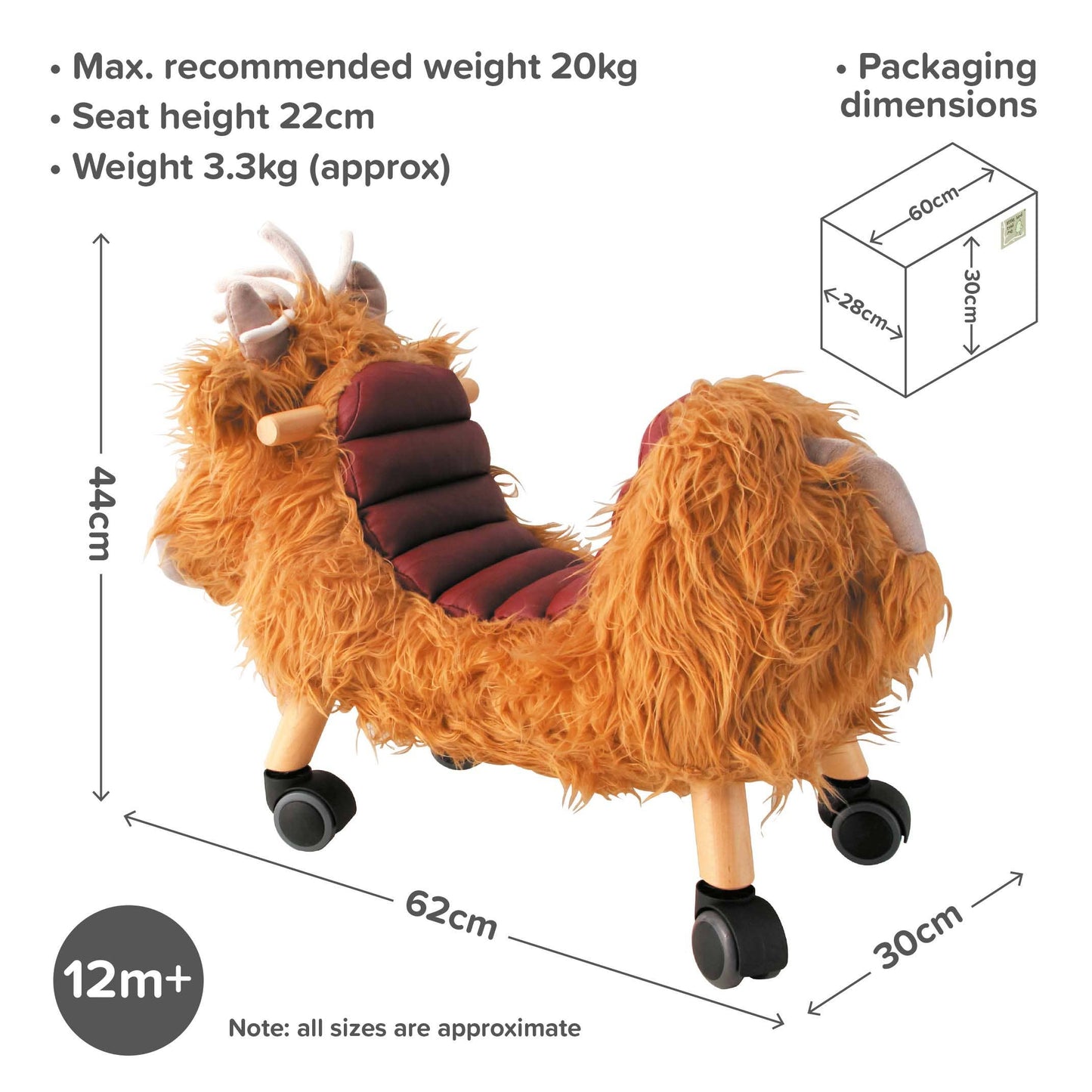 highland cow ride on toy image showing  dimenions height 44 cm, seat height 22cm, length 62cm and width 30cm