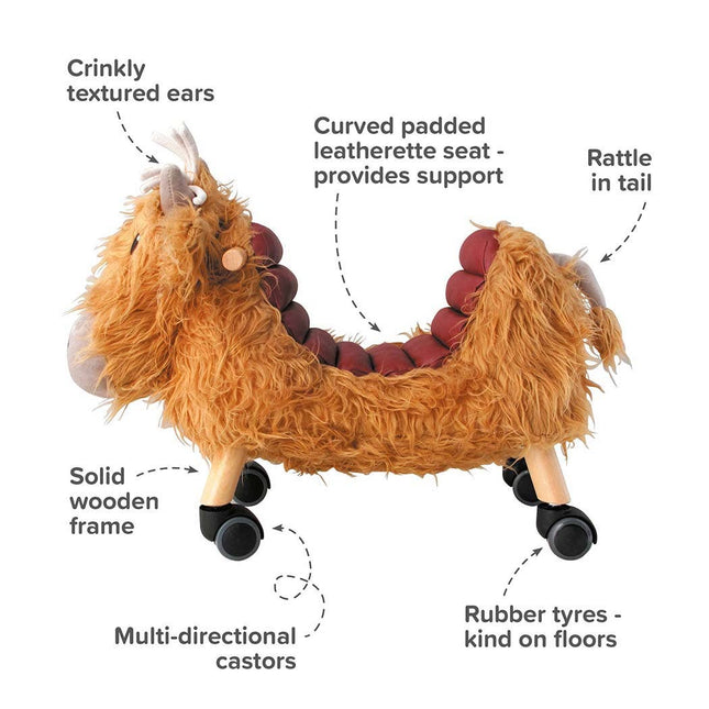 highland cow ride on toy image highlighting features of curved leatherette seat; multi directional castors, rubber tyres; rattle in tail; solid wooden frame; crinkly textured ears