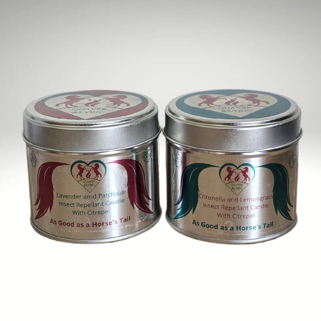 Two Quaver&Lyric silver tins of Insect Repellent Candle With Citrepel are shown: one with Lavender and Patchouli, the other with Citronella and Lemongrass. Both feature horse-themed designs and natural ingredients.