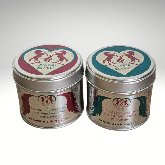 Set of two Quaver&Lyric Insect Repellent Candles with Citrepel: one Lavender & Patchouli, one Citronella & Lemongrass. Both come in metal tins featuring a horse graphic and the phrase “As Good as a Horse’s Tail.” Made with natural ingredients.