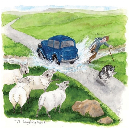 A blue car soaks a shepherd and his dog as four sheep look on, appearing to laugh. The Sheep Greeting Card James Herriot Laughing Flock by Otter House captures countryside humor inspired by the James Herriot collection.