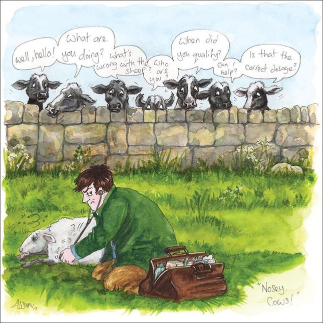 The Cow Greeting Card James Herriot Nosey Cows by Otter House features a vet with a sheep and five cows peering over with comic book-style speech bubbles—ideal for farm lovers and captioned “Nosey Cows!”.