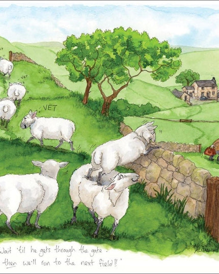 A funny Otter House greeting card from the James Herriot collection, Wait Till He Gets Through The Gate, shows sheep stacking up to climb a stone wall and escape a vet, with a farmhouse and green hills in the background.