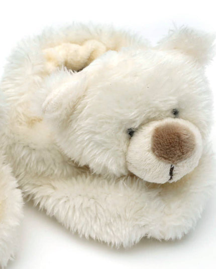 A close-up of Jomanda Soft Toys & Accessories Teddy Bear Slippers For Infantsâ€”cream, soft plush slippers with stitched bear featuresâ€”perfect as a cozy baby shower gift, set against a white background.