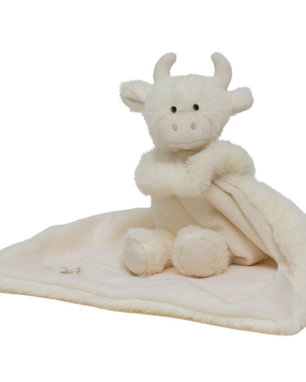 a cream coloured plush highland cow soother and security blanket