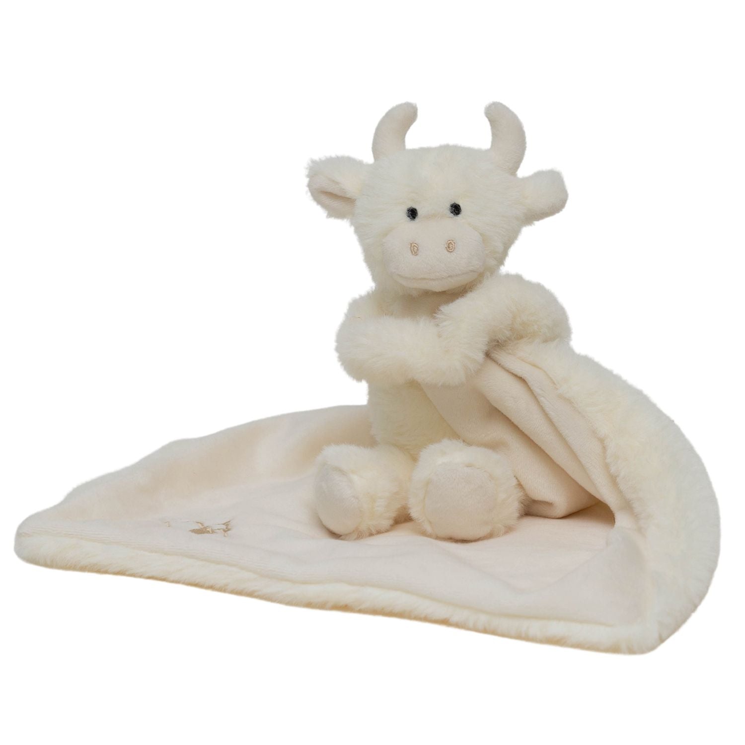 a cream coloured plush highland cow soother and security blanket