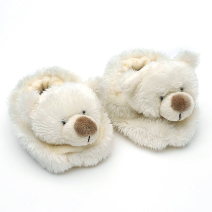 Jomanda Soft Toys & Accessories Teddy Bear Slippers for Infants are cream, soft plush booties with bear faces, brown noses, and stitched smilesâ€”perfect as a newborn gift or cozy baby shower present on a white background.