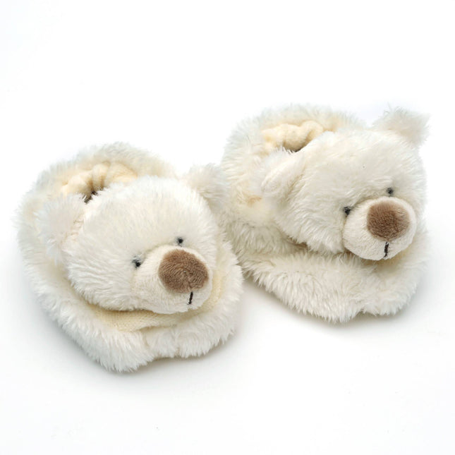 Jomanda Soft Toys & Accessories Teddy Bear Slippers for Infants are cream, soft plush booties with bear faces, brown noses, and stitched smilesâ€”perfect as a newborn gift or cozy baby shower present on a white background.
