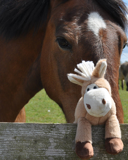 a soft and fluffy brown fabric pony Soft Toy with a smiley face, white mane and tail, and dark brown hooves, sitting on a fence in front of a horse