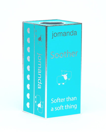 a tall aqua coloured gift box with silver jomanda branding
